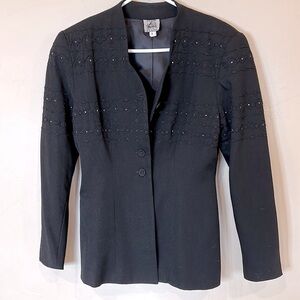 Vintage Zelda black blazer embroidery lined crystals fitted waist 100% Wool Sz 8